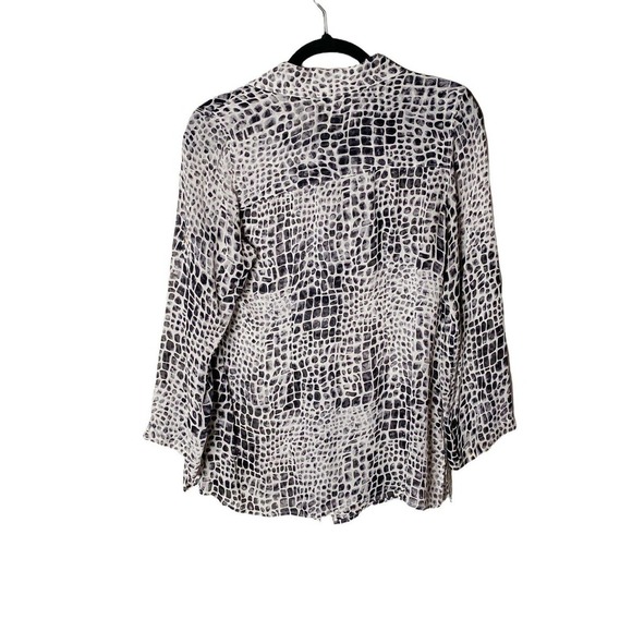 Soft Surroundings Silk Roll Tab Button Down Top Small Black White Animal Print - Picture 7 of 9